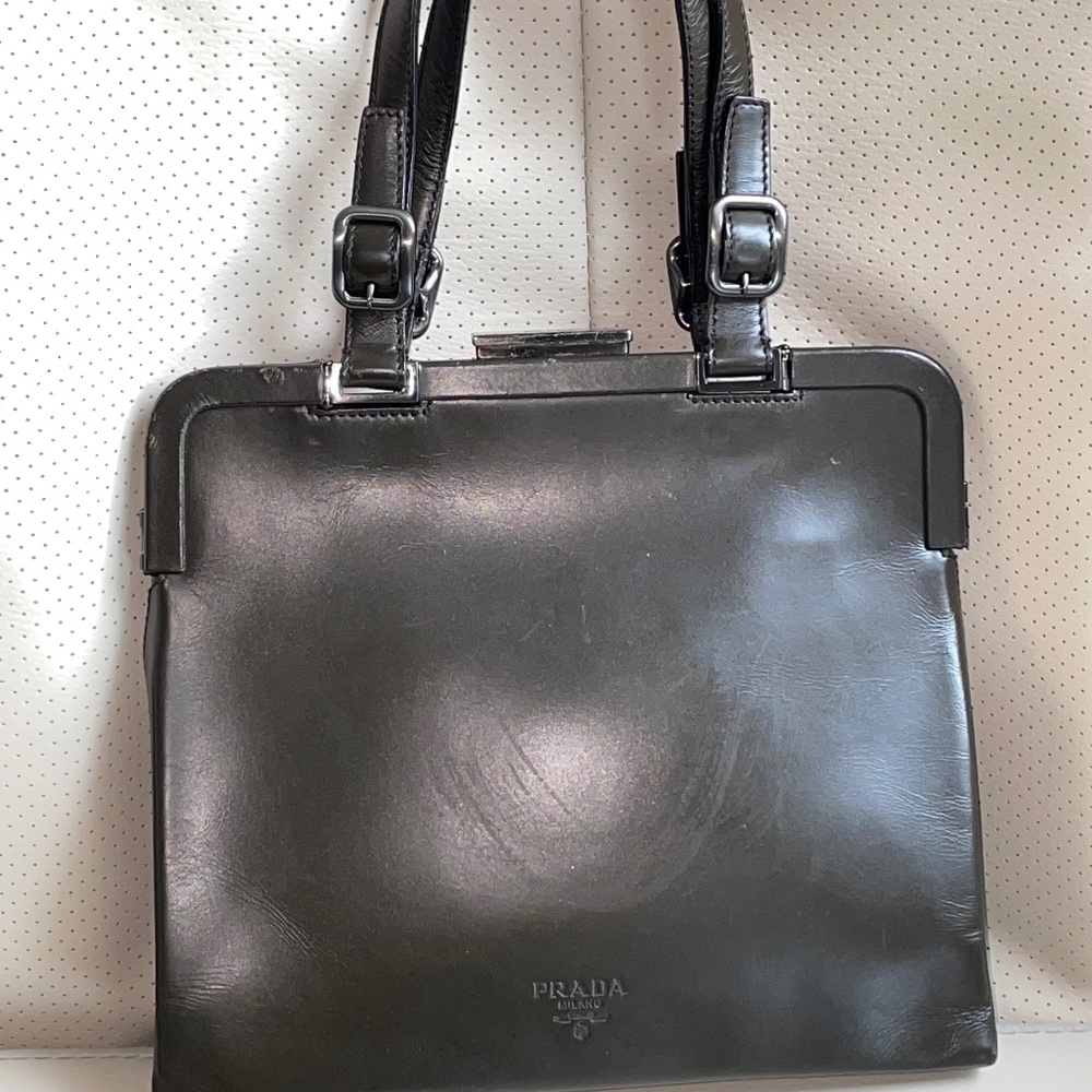 MINI Prada Vitello Fibbie Loden Leather dress top handles Purse hand Bag